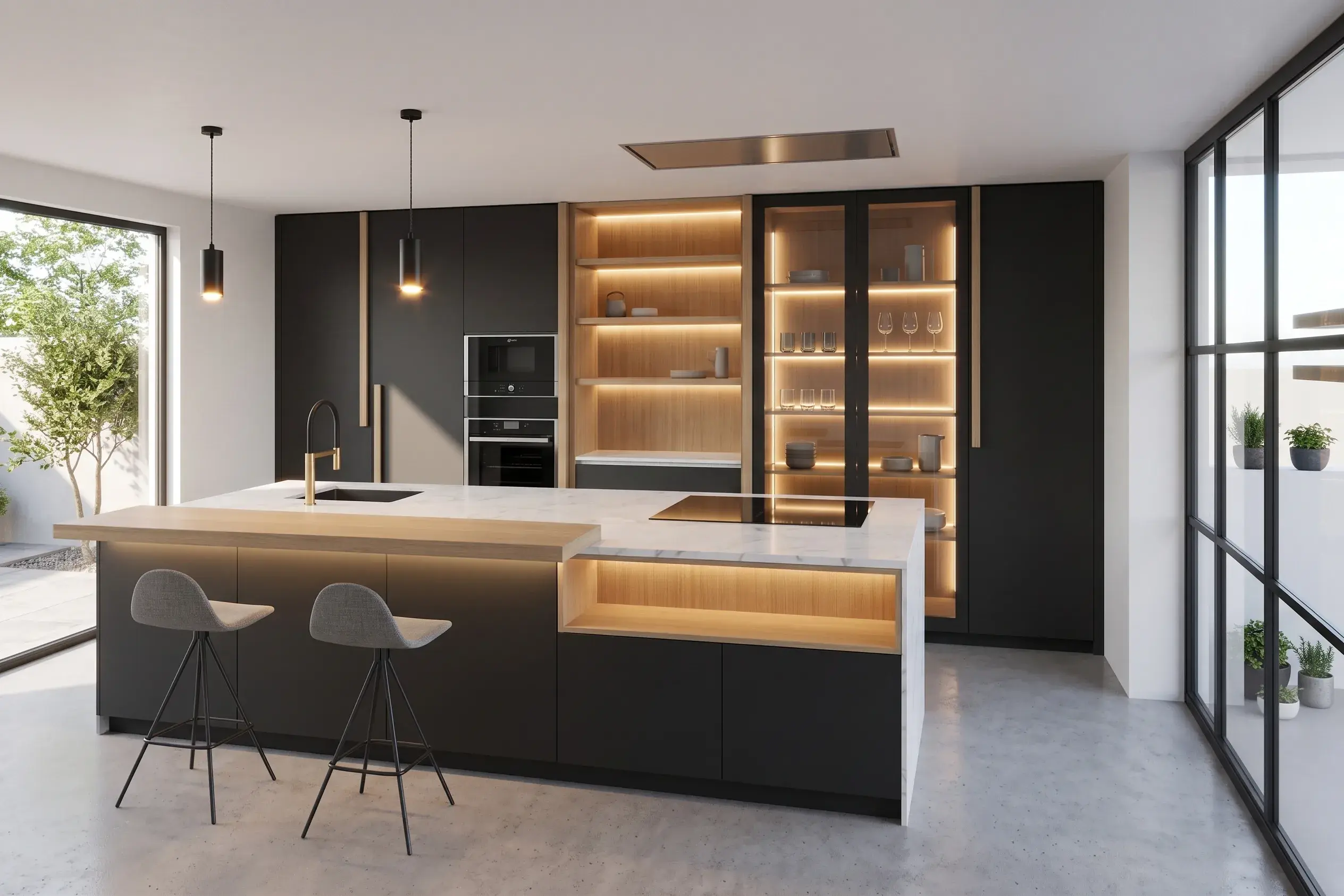 Render de cocina en negro mate con isla, barra de roble y vitrina iluminada